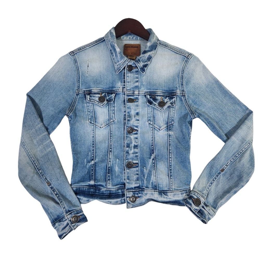 True Religion Denim Jacket Women's XS Blue Jean Trucker Distressed